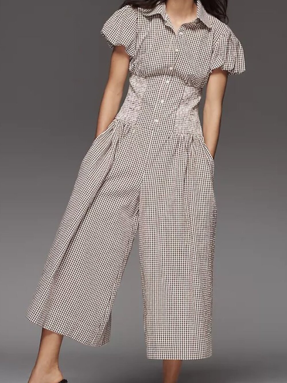 Anthropologie Maeve Puff Sleeve Basque Waist Gingham Jumpsuit MP NWT Retail $188